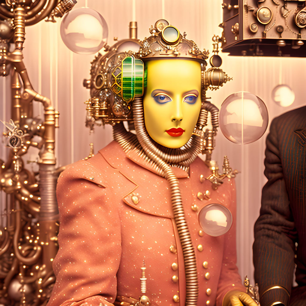 Surrealist portrait with golden mechanical headgear and floating spheres