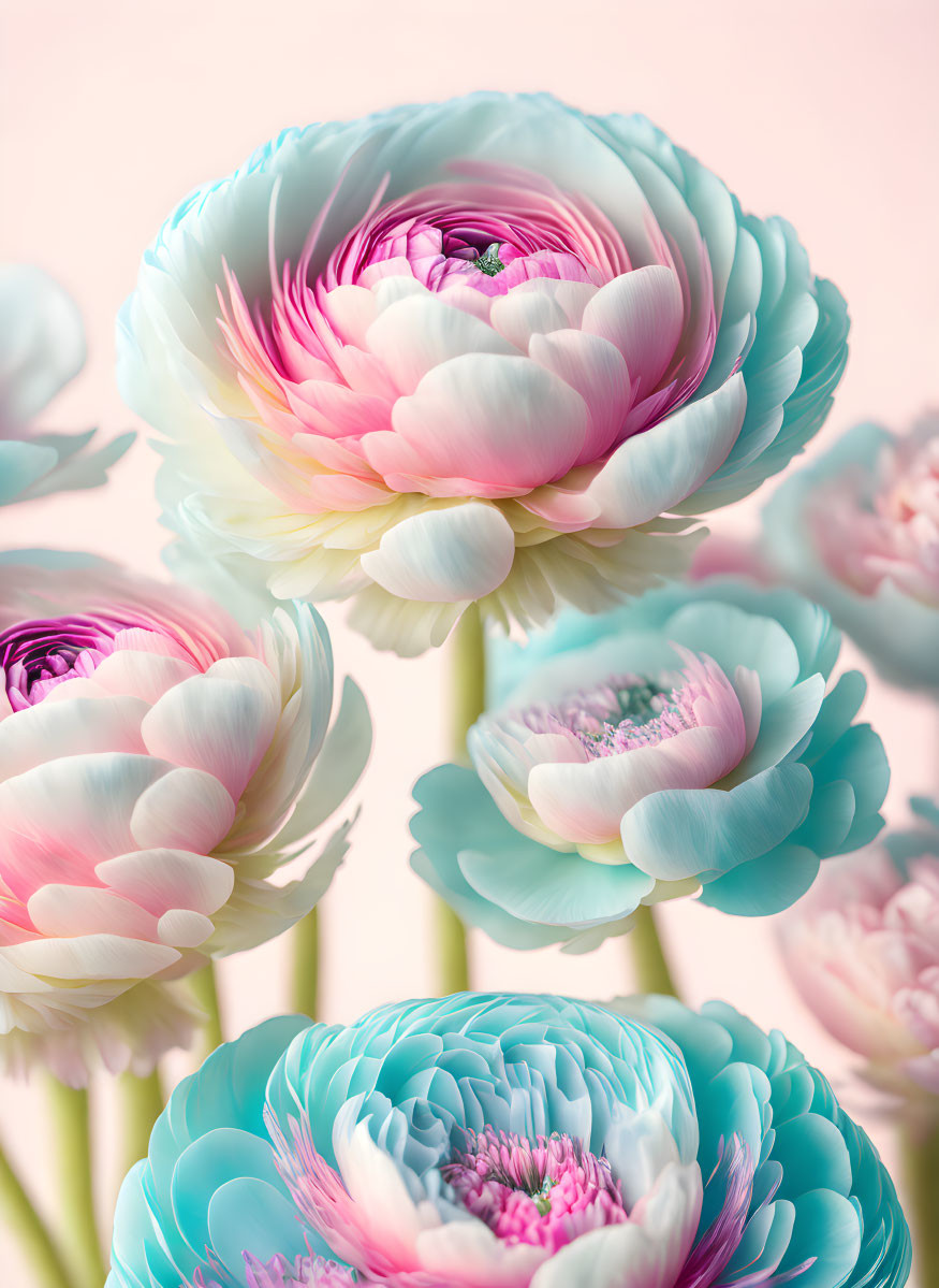 Soft-hued pink and turquoise ranunculus flowers on pastel pink background