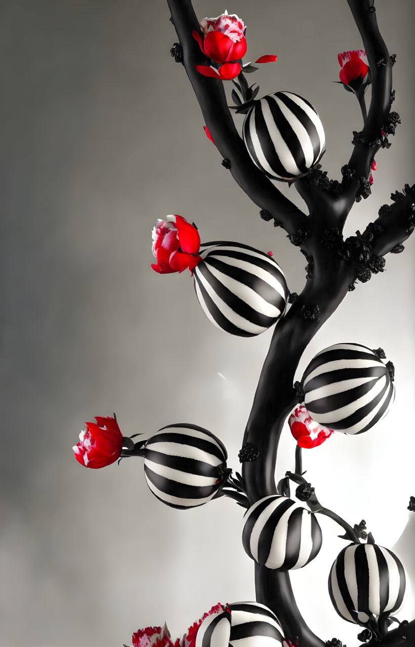 Stylized tree with striped ornaments and red flowers on gray backdrop