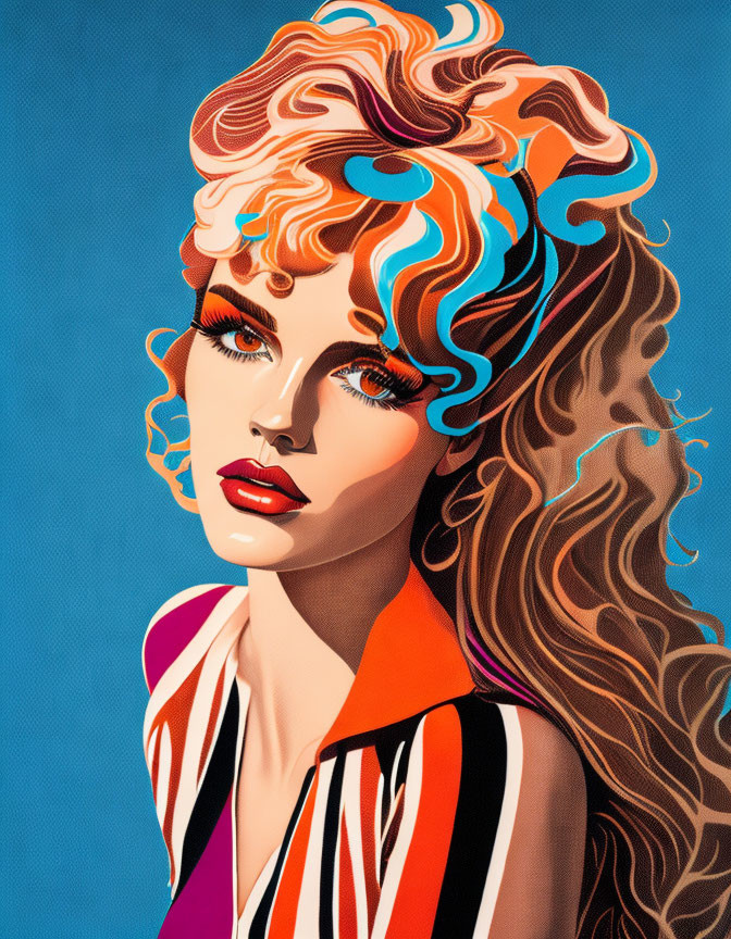 Vibrant pop art portrait of a woman with wavy hair and colorful outfit