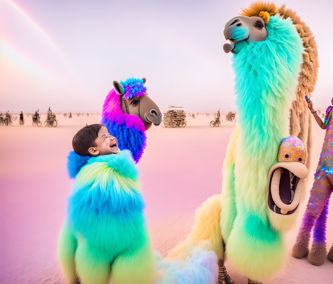 Joyful person with entertainers in colorful llama costumes at sunset