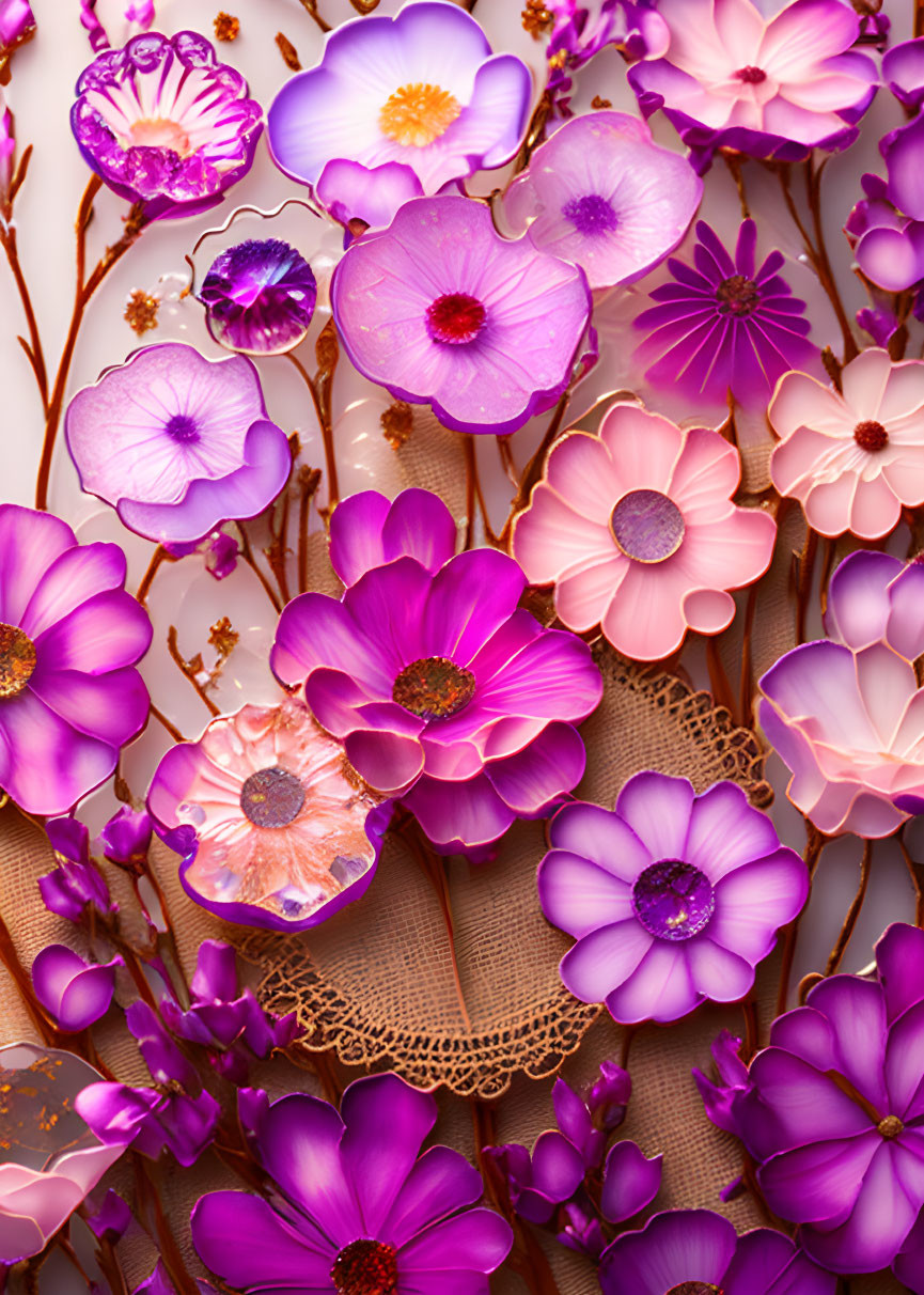 Translucent Purple Flowers with Vein Patterns on Pale Background