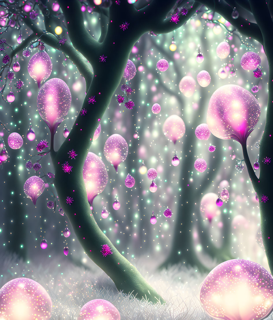 Mystical forest scene with glowing trees and orbs in snowfall