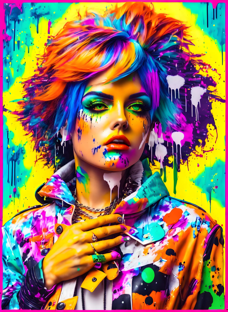 Colorful portrait of person with vibrant makeup and hair against multicolored background