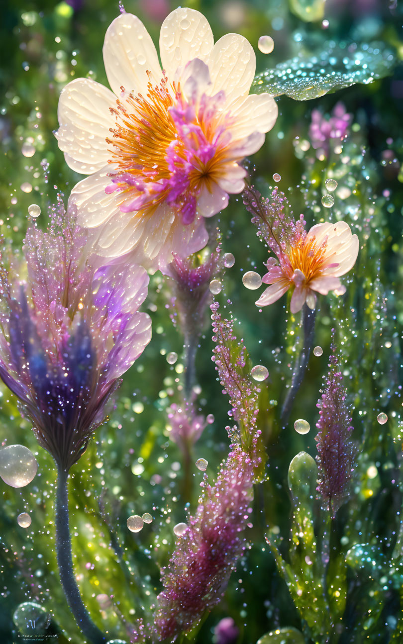 Dew-covered flowers with translucent petals and water droplets in bokeh background