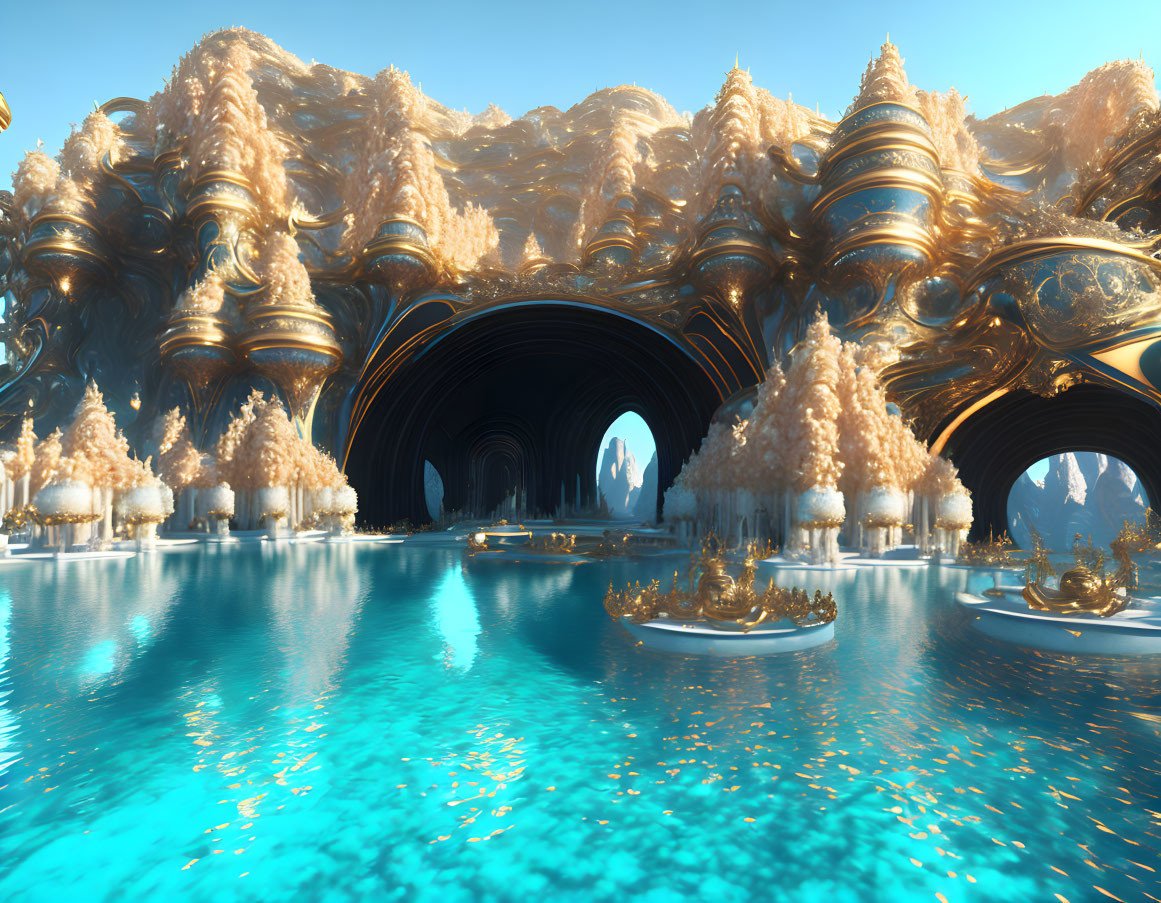 Fantastical landscape with turquoise waters and golden tree-like structures