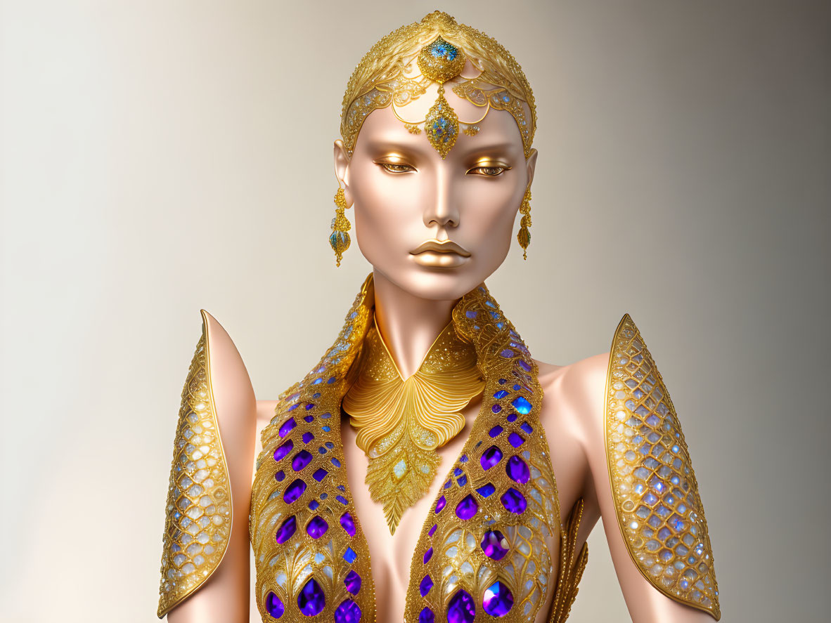 Golden humanoid figure with intricate jewelry and sapphire accents on neutral background