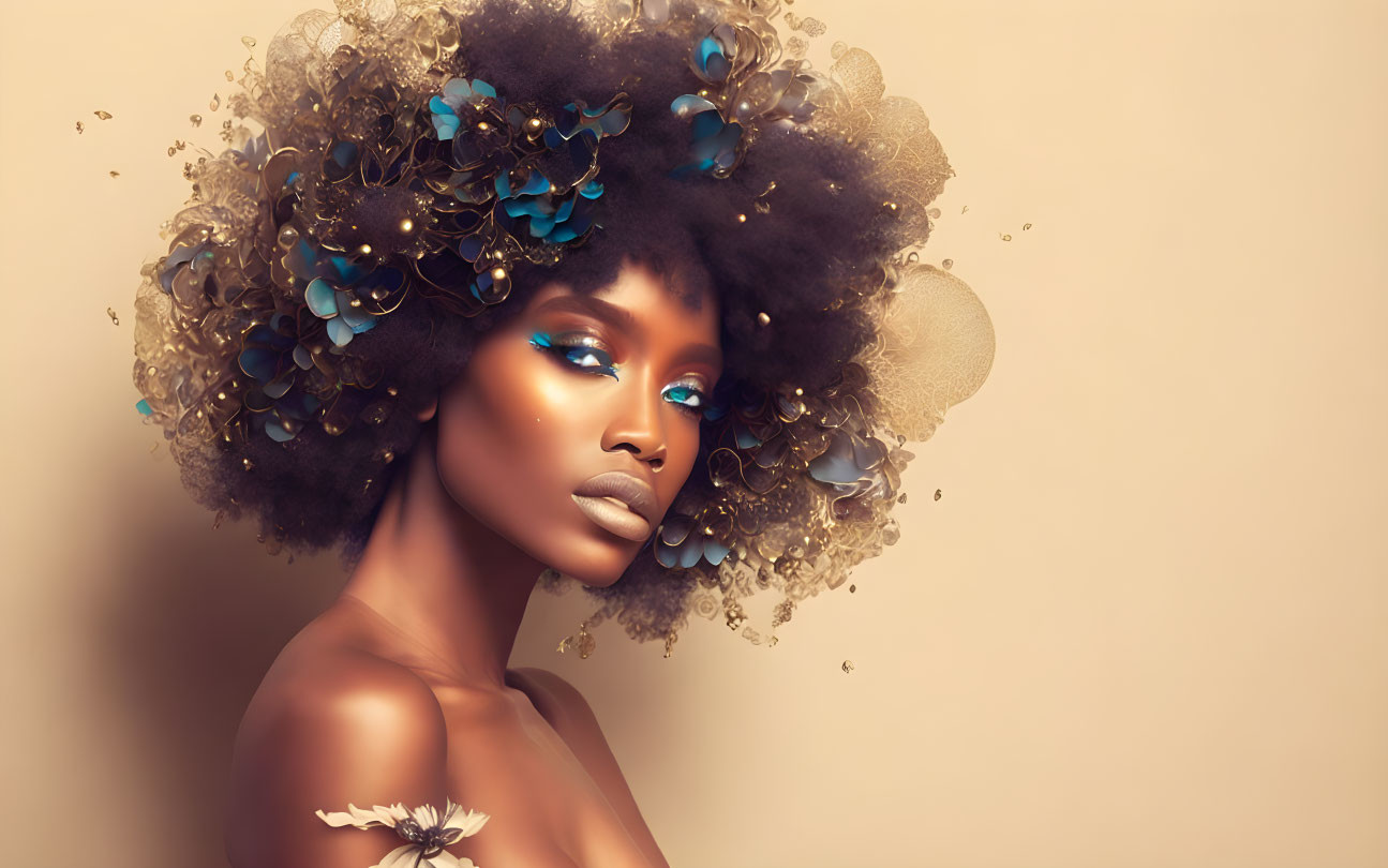 Woman with voluminous afro adorned with blue flowers and striking makeup on beige background