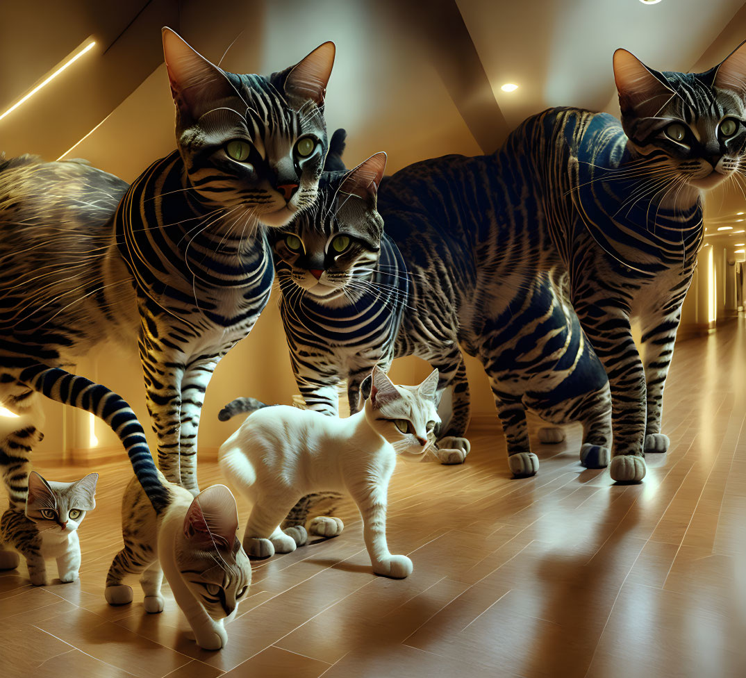 Striped Cats in Warm-Lit Corridor: Surreal Ambiance