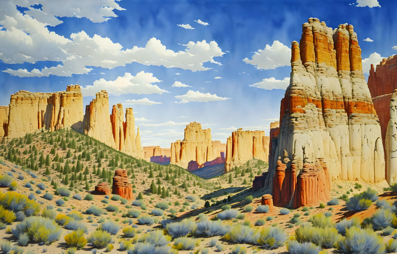 Desert Landscape with Sandstone Cliffs and Sparse Vegetation