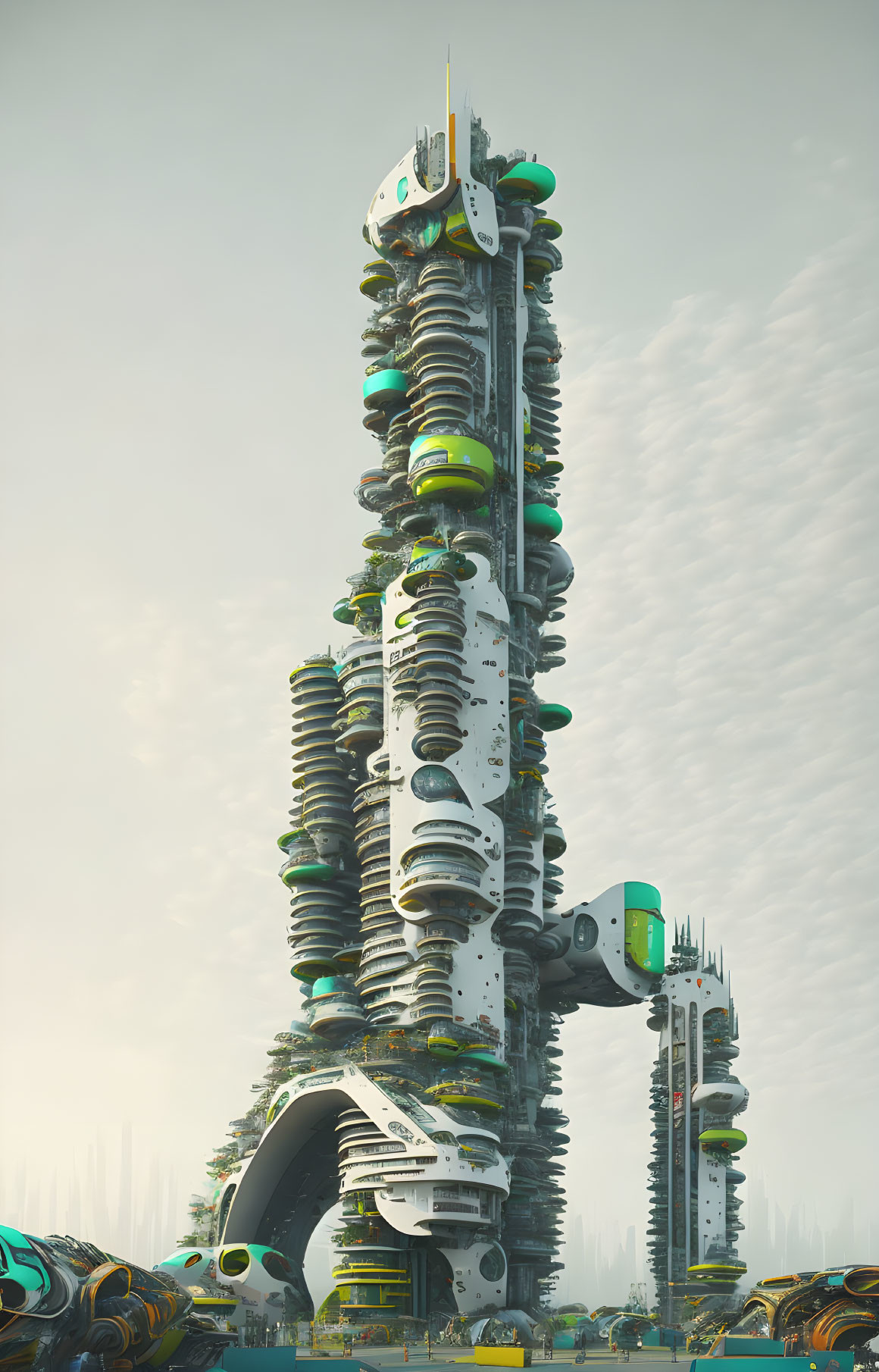 Organic-shaped futuristic skyscraper surrounded by greenery and high-tech vehicles under a hazy sky