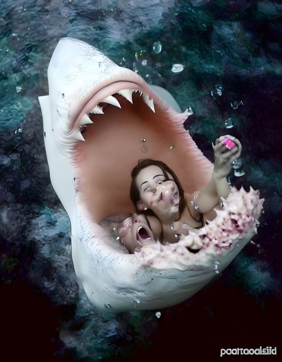 Surreal underwater scene: two people taking a selfie inside giant shark's mouth