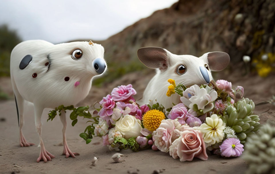 Whimsical cartoon creatures with large eyes and noses enjoying colorful flowers