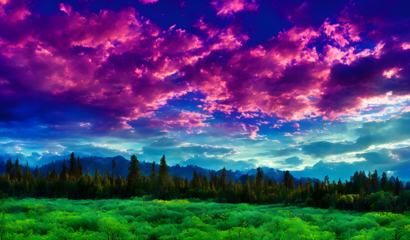 Colorful Sunset Sky Over Green Forest and Mountains