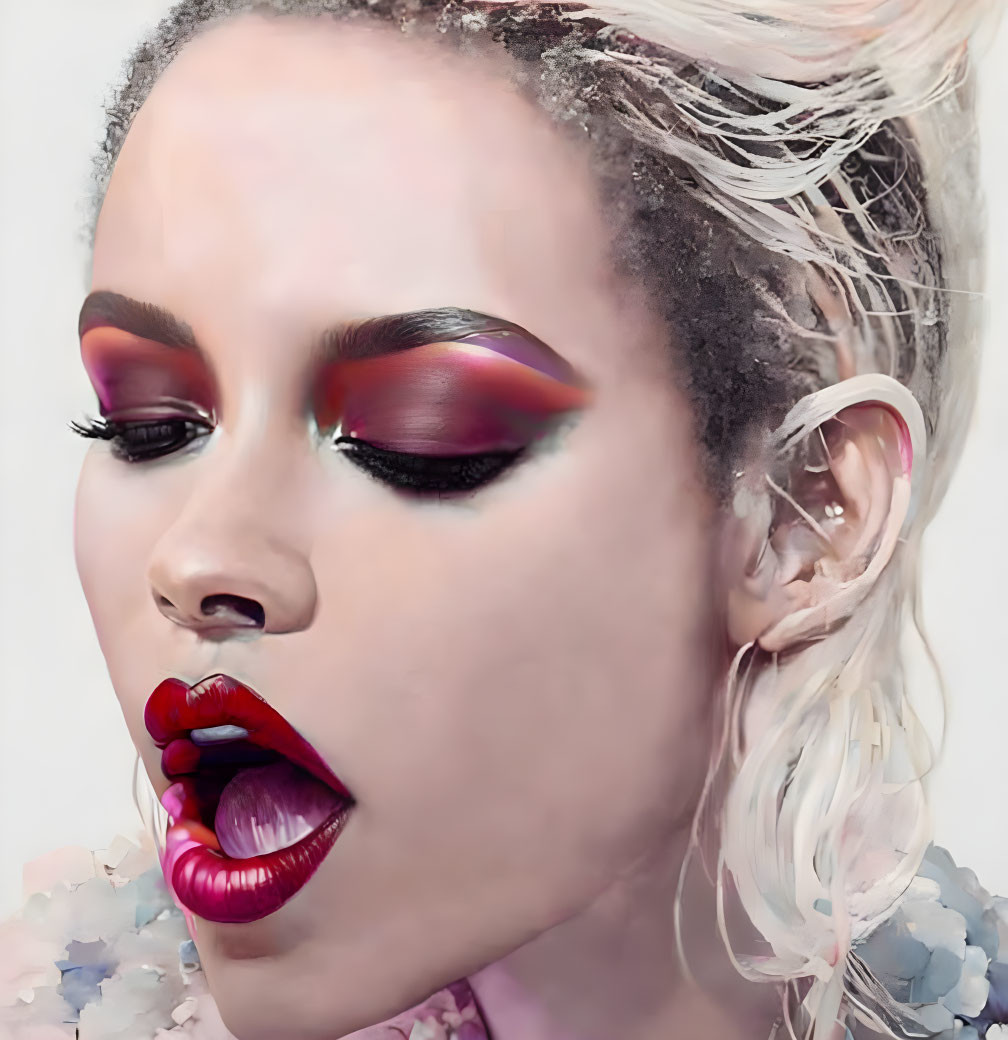 Stylized portrait of person with dramatic makeup on neutral background