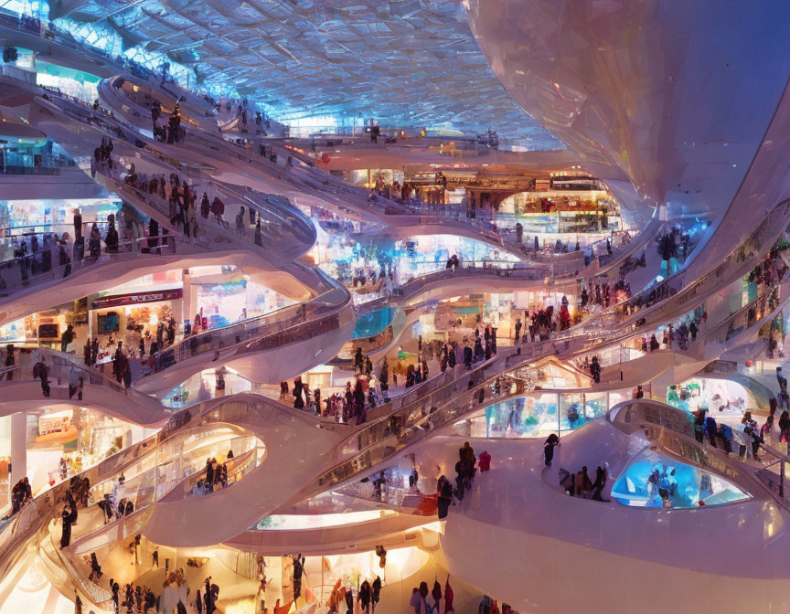 Modern Shopping Mall Interior with Curved Escalators & Futuristic Design