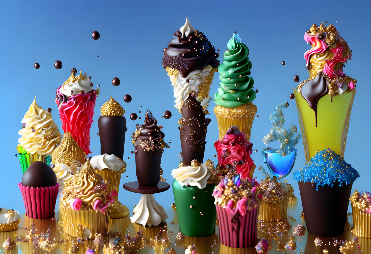 Colorful 3D Illustration of Fancy Cupcakes and Ice Creams on Blue Background