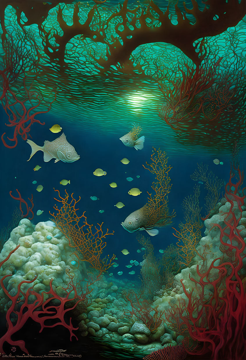 Colorful Fish and Coral in Sunlit Underwater Scene