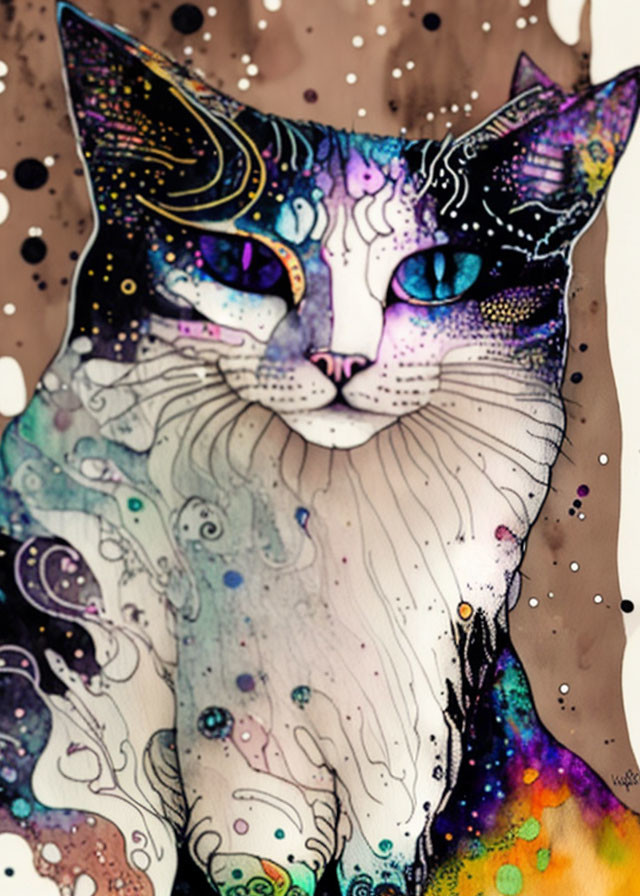 Cosmic cat illustration with stars, planets, and nebulae patterns