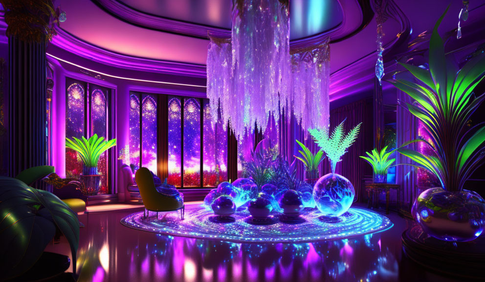 Purple-themed interior with crystal decor, starlit windows, and greenery