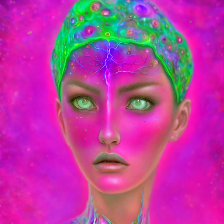 Vibrant digital artwork: humanoid face with neon pink skin and multicolored eyes