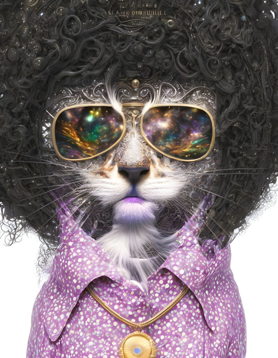 Anthropomorphic cat with curly afro, galaxy sunglasses, purple polka dot shirt