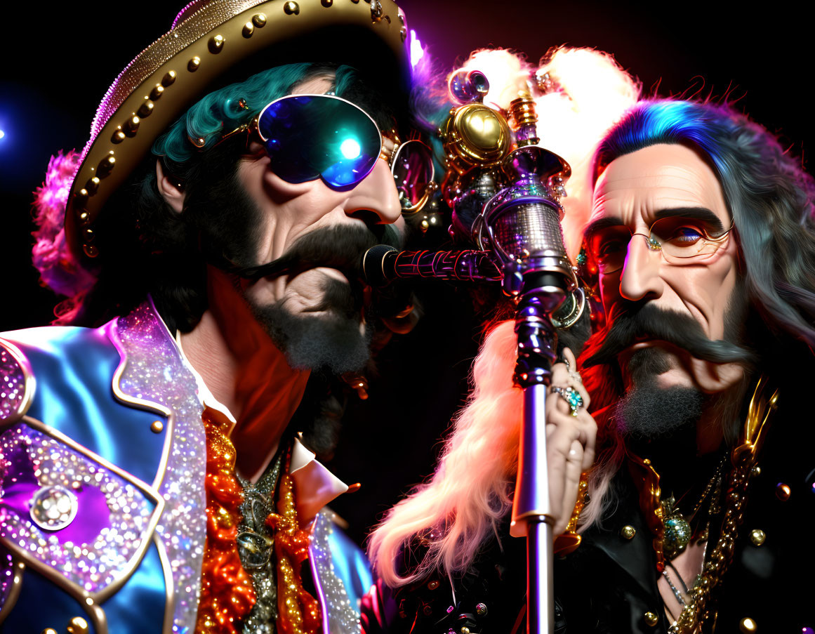 Two flamboyantly dressed male figures in sunglasses, one singing, both in elaborate outfits