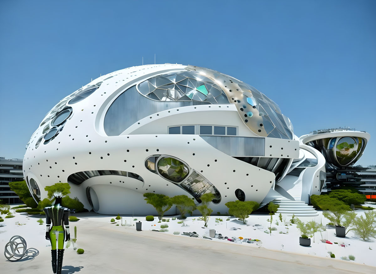 Futuristic dome-shaped building with circular windows in modern landscape