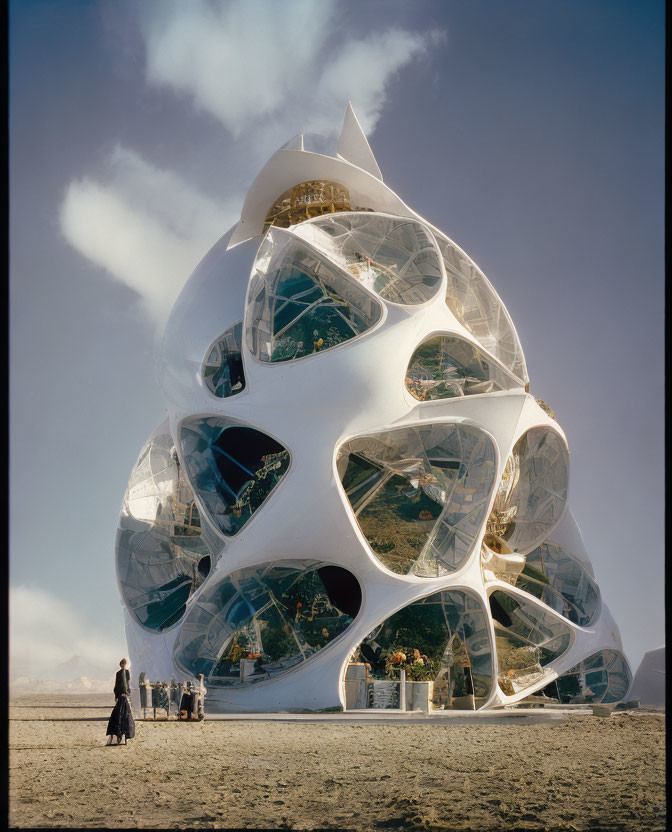 Organic futuristic building with reflective windows, person, and children against clear sky.