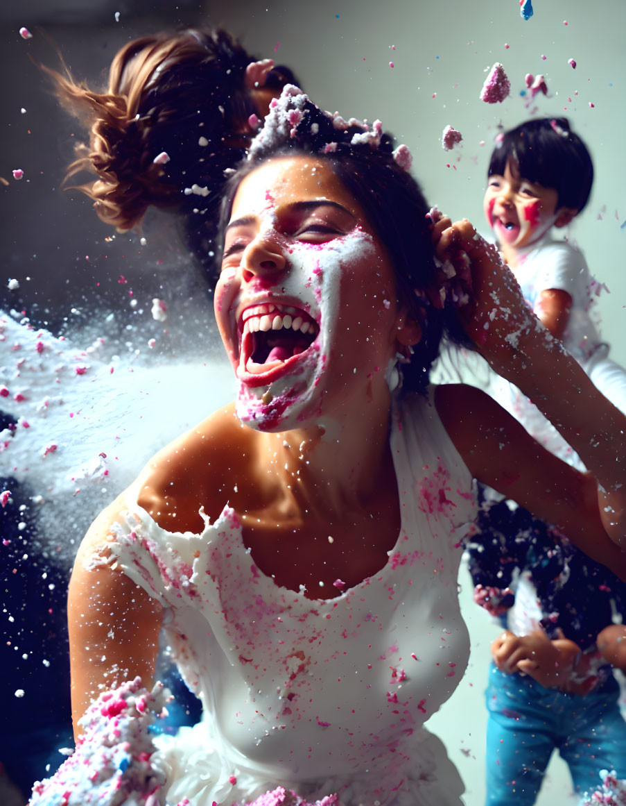 Messy cake fight with joyful woman and child laughing