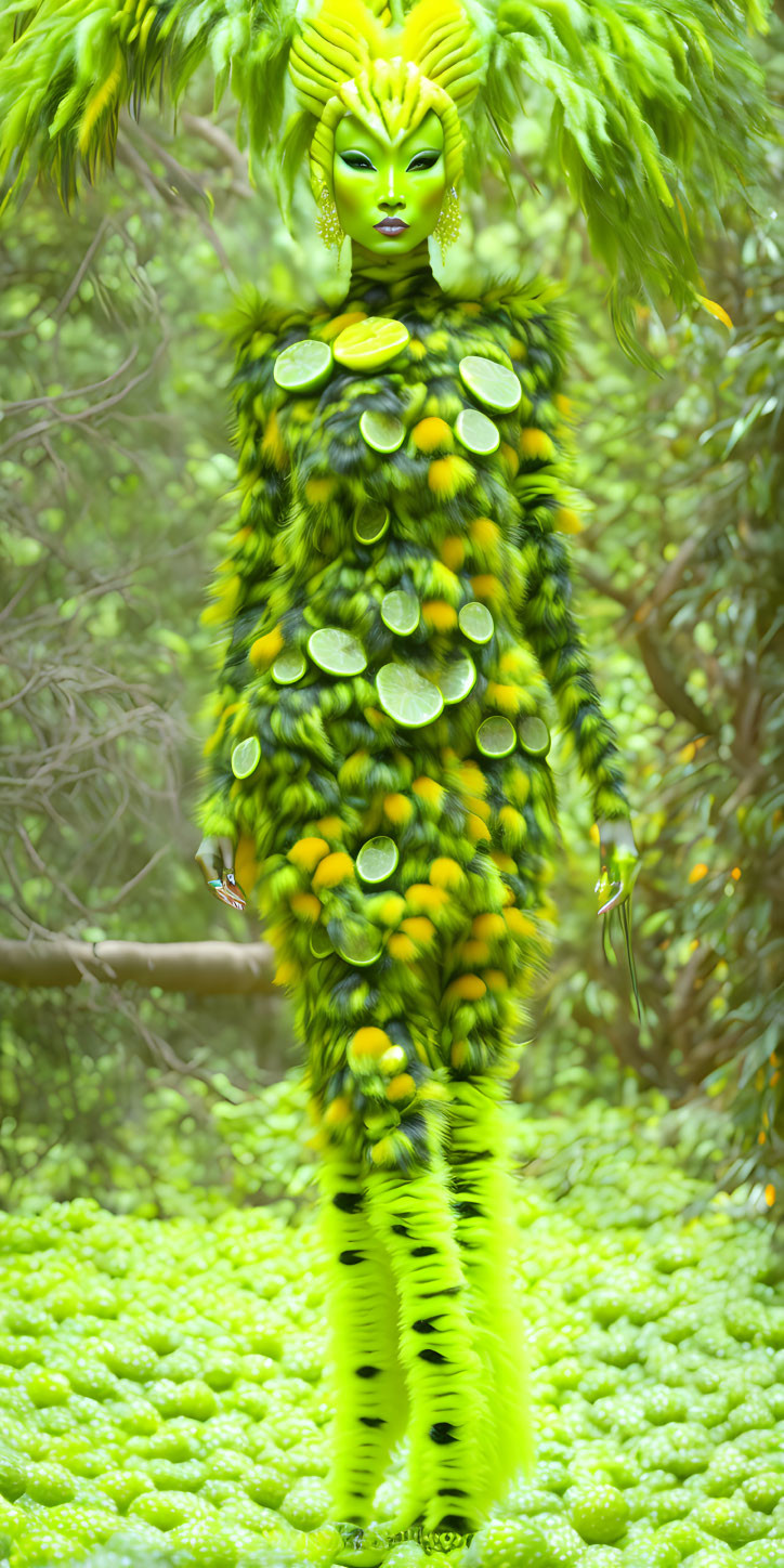 Vibrant green and yellow costume in lush green environment