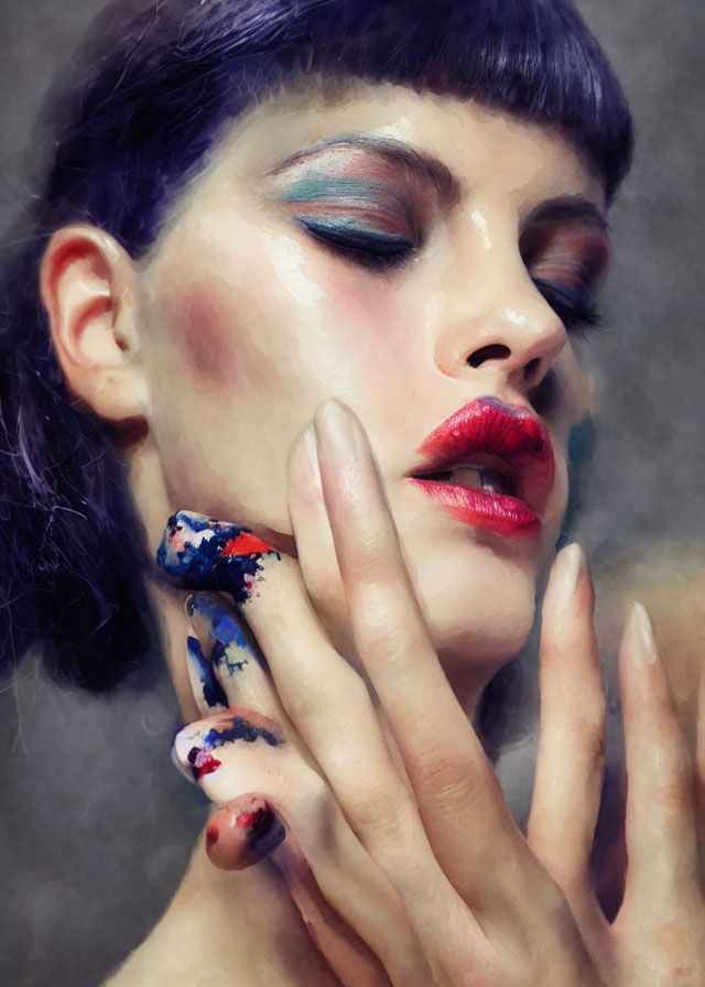 Person with Closed Eyes Wearing Red Lipstick and Blue Eye Shadow Resting Chin on Hand with Color