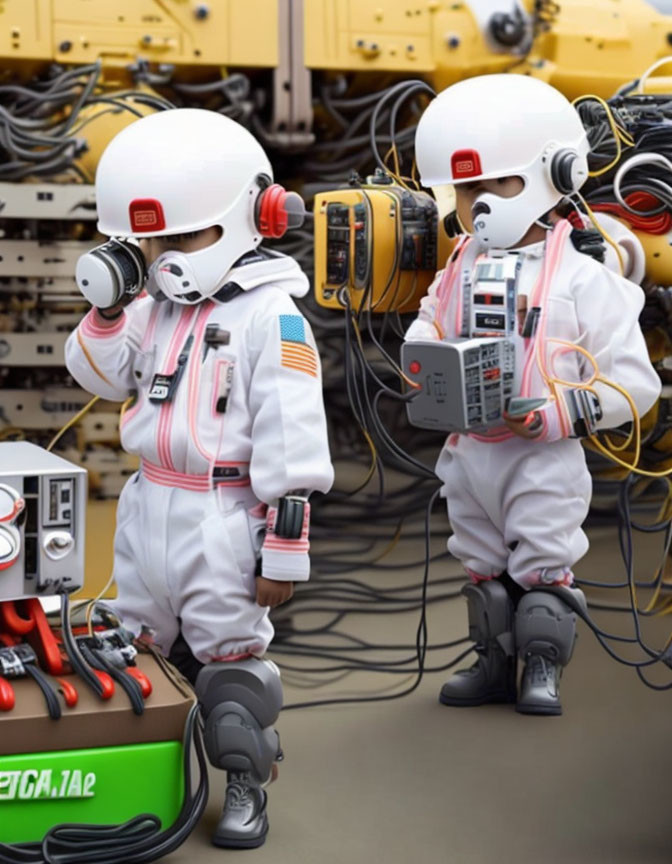 Astronaut figures with futuristic helmets and electronic equipment in a machinery setting