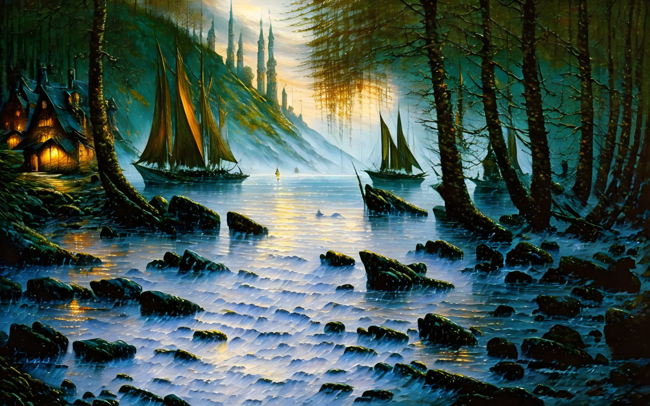 Tranquil forest scene with lit tents, sailboats, and glowing sunset