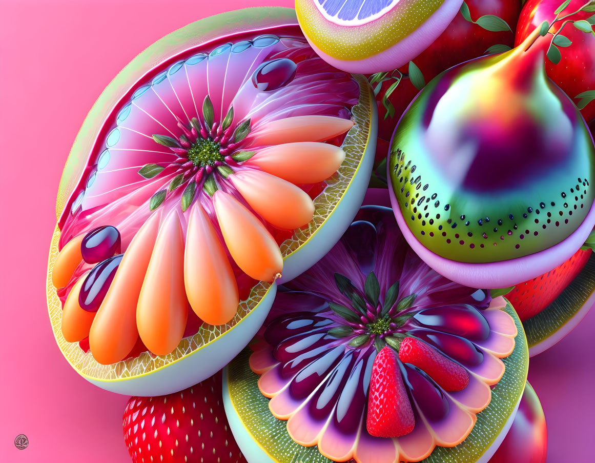 Colorful digital artwork: stylized fruits with floral patterns on pink background