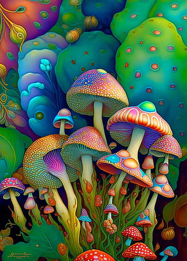 Colorful psychedelic mushrooms in a fantastical forest setting