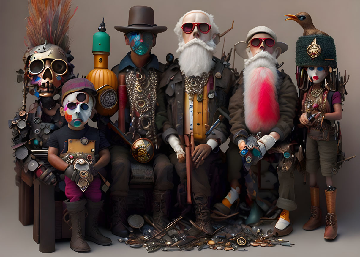 Seven stylized figures in steampunk costumes with gears and gadgets.