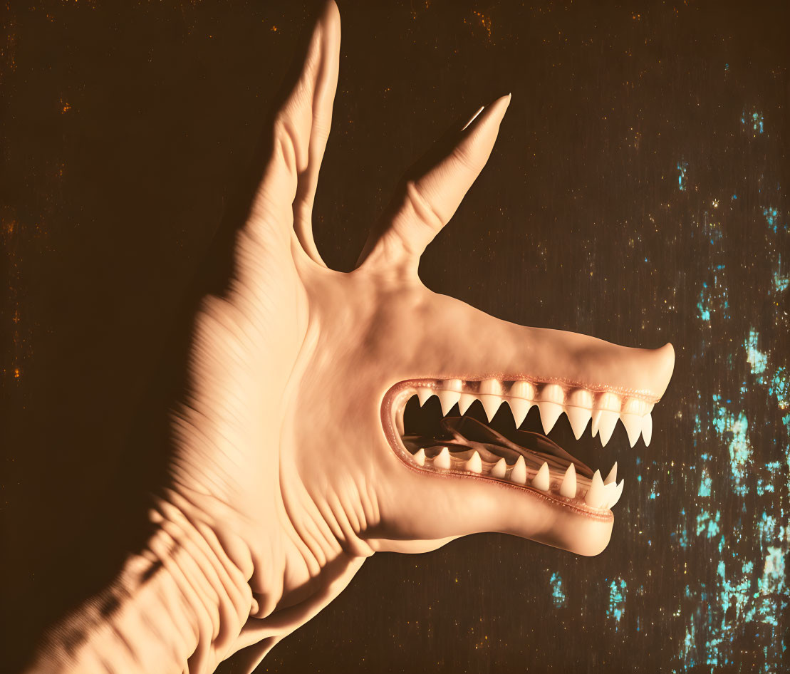 Dinosaur puppet glove hand against dark rustic backdrop