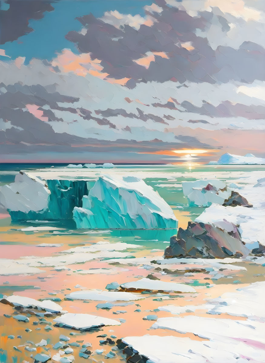 Scenic painting of icebergs in calm sea at sunset