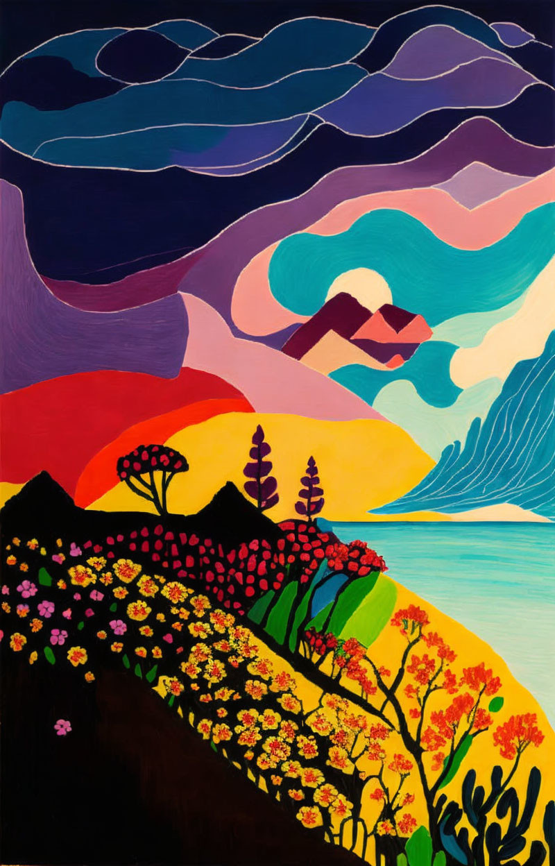 Vibrant landscape painting with dark clouds, purple hills, colorful sunset, diverse flora, blue sea