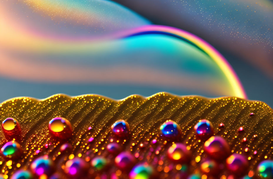 Colorful spheres against soft-focus rainbow arch on warm gradient.