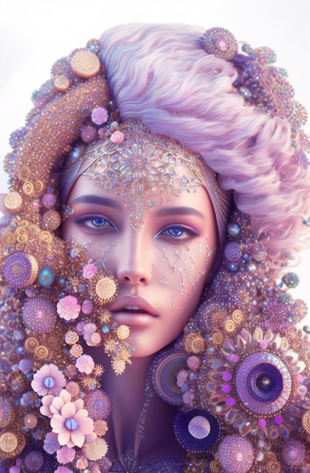 Digital Artwork: Woman with Violet Eyes and Golden Floral Headpieces