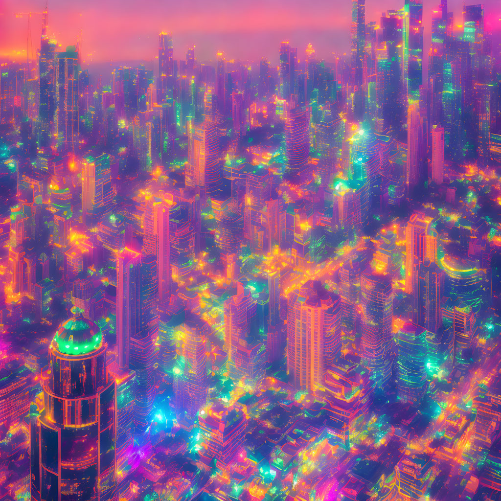 Vibrant neon-lit futuristic cityscape at night