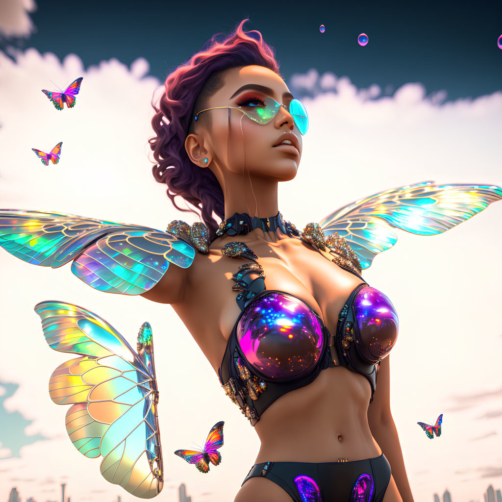 Stylized image of woman with purple hair and butterfly wings surrounded by butterflies under cloudy sky