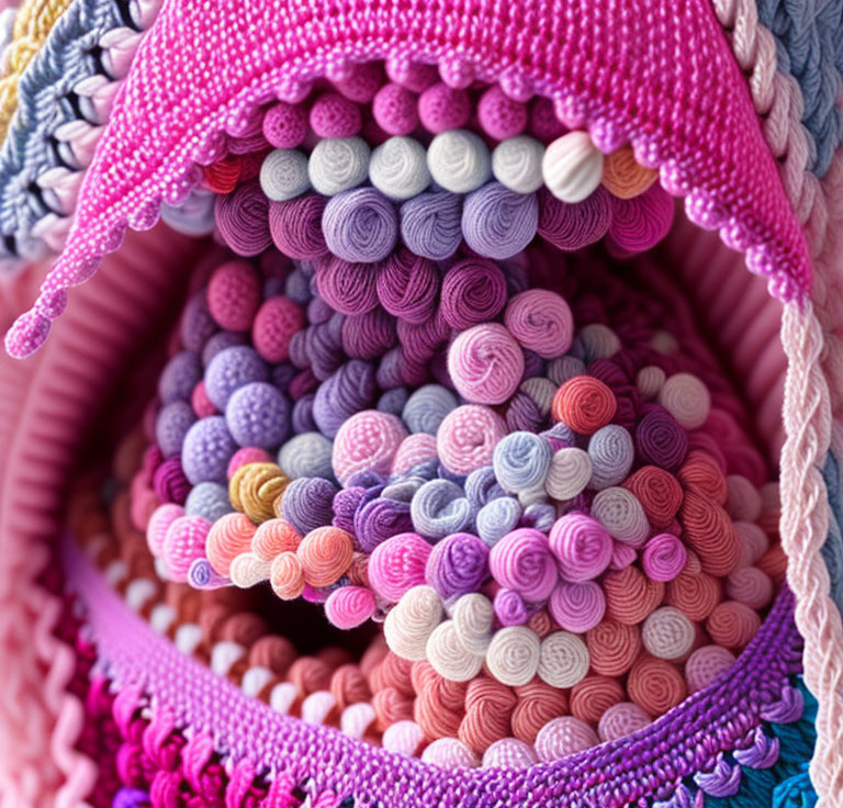 Colorful yarn balls in pink basket with handles - Pastel hues & textures