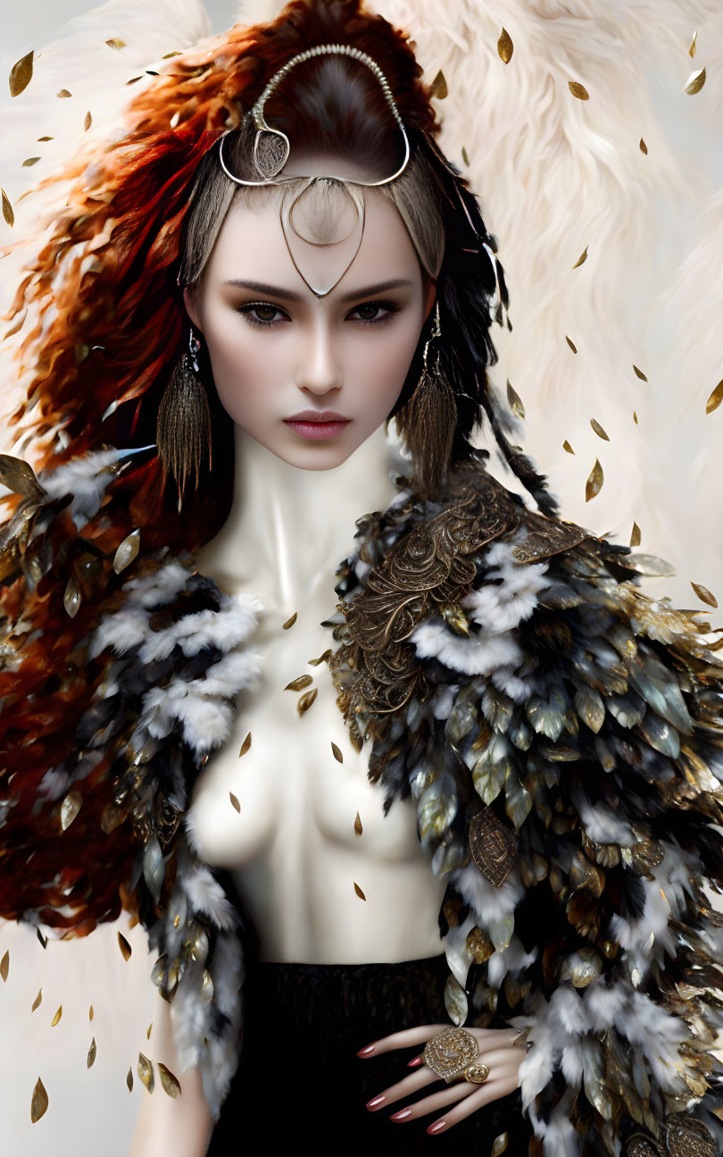 Digital artwork of woman in feathered attire and jewelry on creamy background