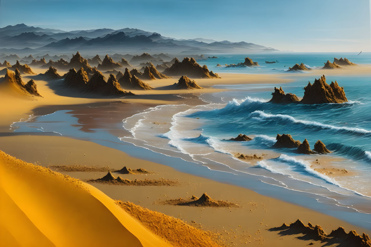 Golden desert meets blue sea and misty mountains in surreal landscape