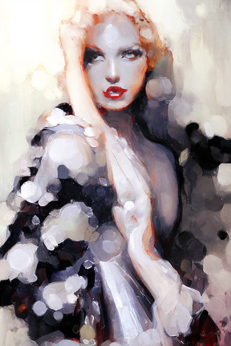 Stylized painting of woman with platinum blonde hair and red lipstick