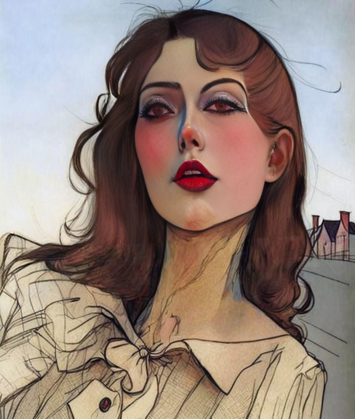 Stylized woman illustration with red lips and torn collar blouse