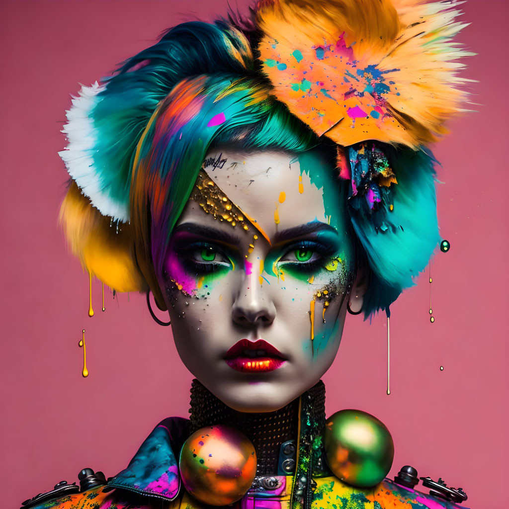 Vibrant multi-colored hair and artistic makeup against pink backdrop